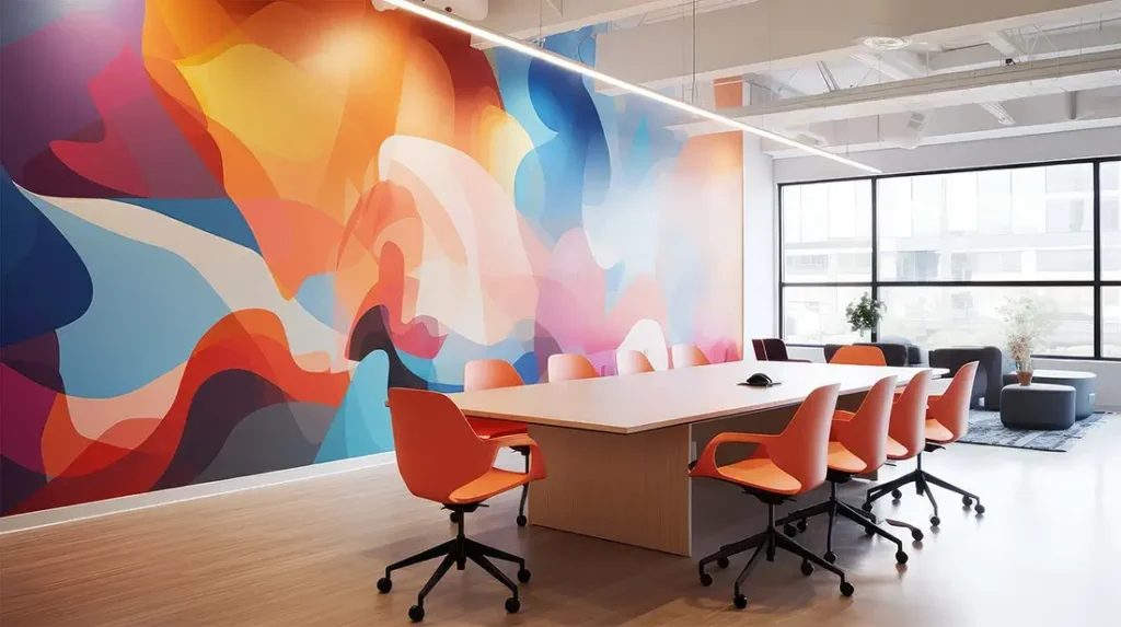 A colorful wall mural in a conference room ties into the brand's color palette and adds interest to a large room