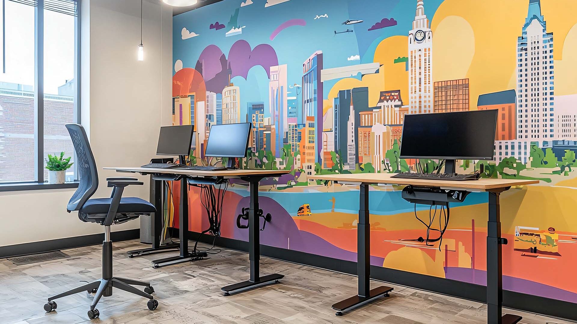 Open office setting with a wall mural depicting city skyline.