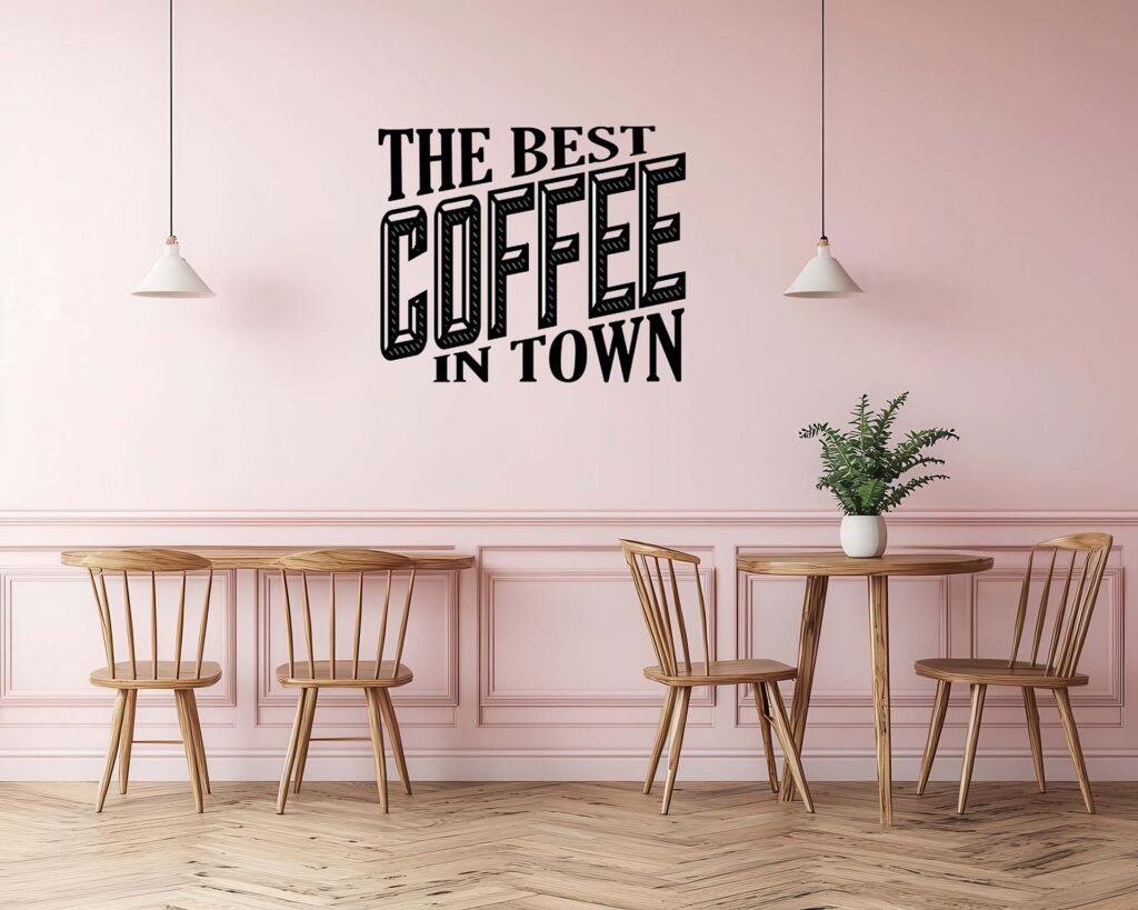 Wall decals being used to boost branding inside of a coffee shop
