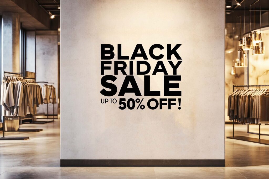 Wall graphics in a retail space advertising a temporary promotion for Black Friday