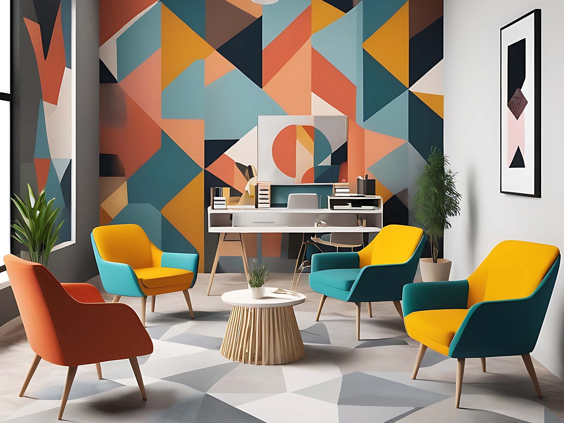 Bold geometric wall wraps for office areas that create vibrant, energetic, and modern work environments