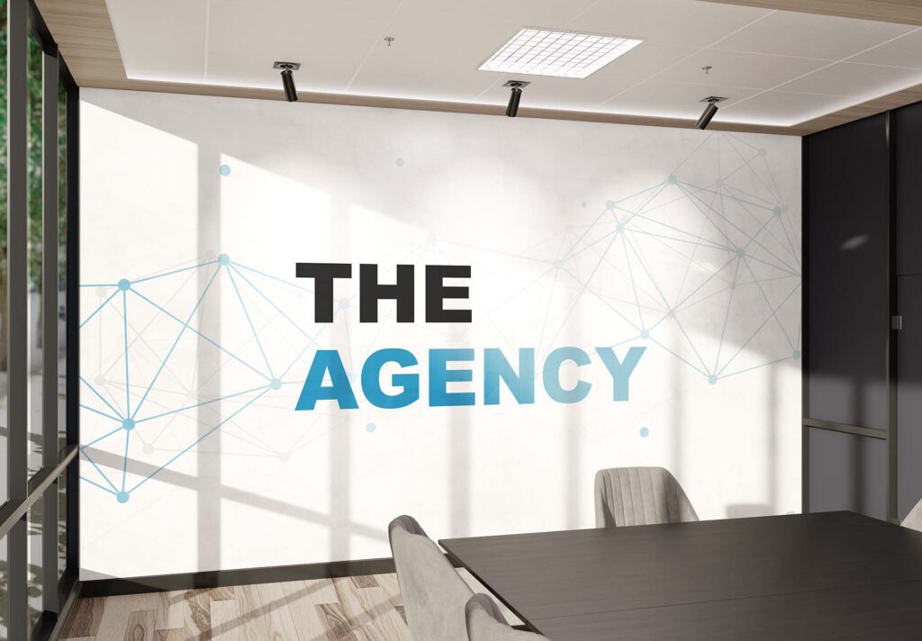 Branded wall wraps for office conference rooms displaying company logos and graphic designs for impact